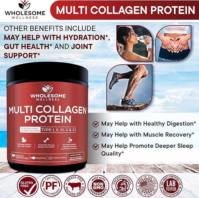 Wholesome Wellness Premium Multi Collagen Peptides Powder for Women and Men | 5 Types of Hydrolyzed Collagen | Grass-Fed, Non-GMO & Unflavored | Pure Protein for Youthful Skin & Joint Recovery