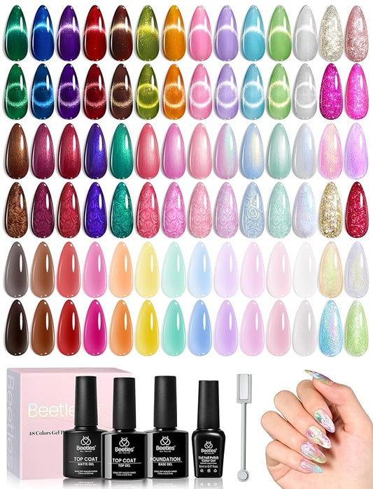 Beetles Gel Nail Polish Set - 53 Pcs 48 Colors Cat Eye Gel Nail Polish Pink Jelly Nude Red Green Blue Glitter Shell Shread Salon DIY Home UV LED Valentines Gifts for Women Vivid Moments