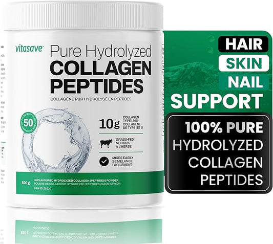 Vitasave Collagen Peptides Powder – 10g Hydrolyzed Collagen per Serving – Unflavored, Grass-Fed, Keto Friendly – Skin, Hair, Nails & Joint Support – 500g