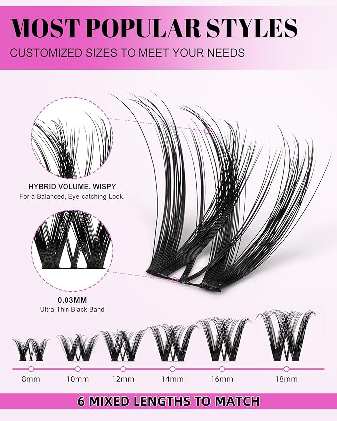 Flora Lash Clusters 8-18mm Light-Volume Wispy Eyelash Clusters D Curl - WideSpan DIY Eyelash Extension Spiky Cat Eye Lashes Individual Fake Eyelashes Clusters with 0.03mm Ultra-Thin Black Band