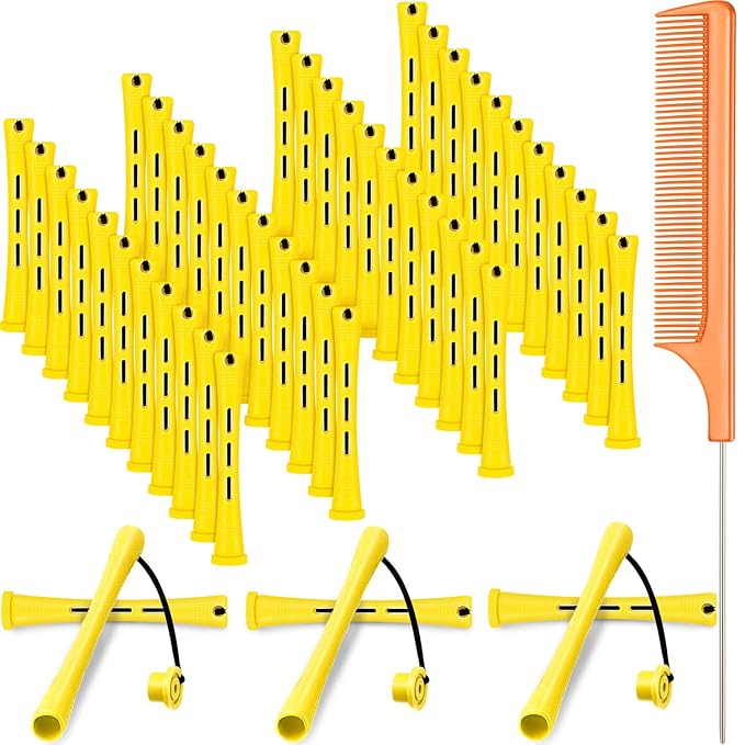 48 Pieces Hair Perm Rods Short Cold Wave Rods Plastic Perming Irons Hair Curling Rollers Curlers with Steel Pintail Comb Rat Tail Comb for Hairdressing Styling Supplies(0.28 Inch,Yellow and Orange)