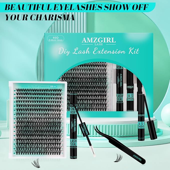 Lash Extension Kit 320Pcs,DIY Individual Lashes Clusters Kit,Lash Bond And Seal,Lash Remover For Eyelashes Extensions,Lash Applicator Tool For False Eyelash Cluster Kit At Home(40D,D-Mix9-16mm Kit)
