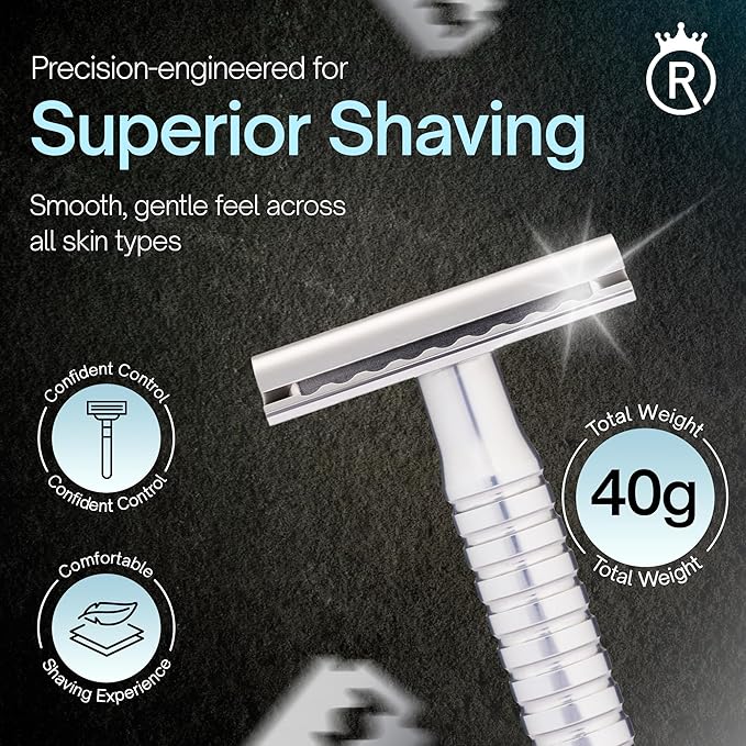 Reggie’s Razors Jupiter Aluminum Safety Razor for Men - Double Edge Shaving Razor, CNC-Machined - Made in UK - Aerospace Grade, Textured Grip, Suitable All Skin Types - Includes 10 Blades - Silver