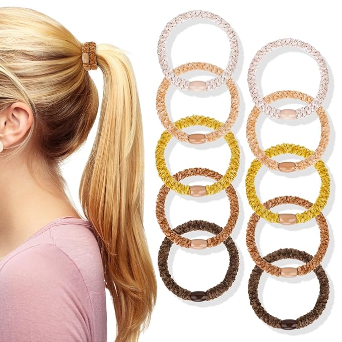 Braided Hair Ties No Damage, 10 Pcs Soft Plush Hair Bands for Women's Hair, Bracelet Hair Elastics & Ponytail Holders for Thick Hair - Terra Brown