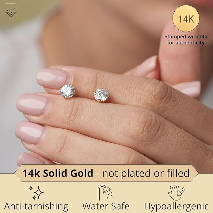 14k Gold Solitaire Round Cubic Zirconia Earrings Studs for Women & Men | Anti Tarnishing CZ Stud Earrings with 14k Gold Butterfly Pushbacks | 4MM-7.5MM by MAX + STONE