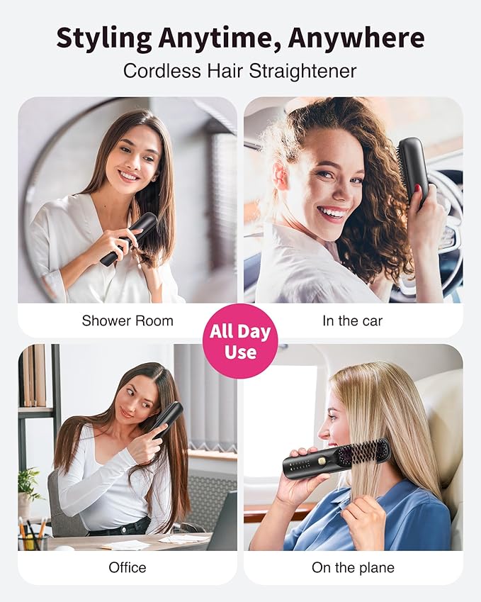 Cordless Hair Straightener Brush - Portable Hair Brush for Travel - 30s Fast Heating - 300 Million Negative Ions for Frizz-Free Shine,Touch Up On-The-Go,Gift for Women,10000mAh
