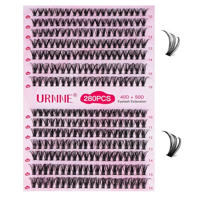 URNNE Lash Extension Kit 280PCS Eyelash Extension Kit 10-16mm Lash Clusters 40D+50D Lash Clusters Kit with Bond, Seal, Remover and Tweezers
