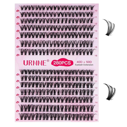 URNNE Lash Clusters 40D+50D-16MIX Volume Eyelash Clusters 280 Individual Lashes D Curl Cluster Eyelash Extensions DIY Lash Extension at Home（LD13）