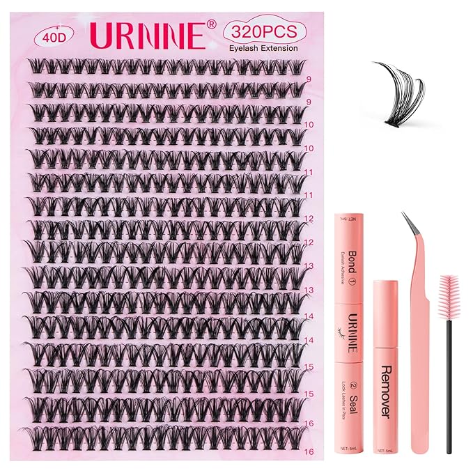 URNNE Lash Extension Kit, 320Pcs Lash Clusters, 40D Lash Clusters Kit, 9-16 mm Individual Cluster Eyelash Extensions with Lash Bond and Seal, Remover, Lash Tweezer DIY Lash Extensions at Home