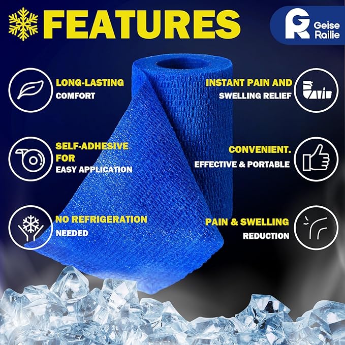 Geiserailie 2 Pcs Instant Cooling Ice Tape Self Sticking Compression Wrap Reusable Sport Ice Tapes No Refrigeration Needed Athletic Muscle Bandage for Pain Relief and Swelling(Blue,3 Inches)