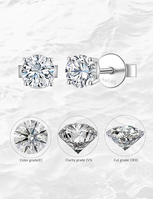 14K White Gold Lab Grown Diamond Stud Earrings, 0.5-2.00 Ct Round IGI Certified, E-F Color VS1-VS2 Clarity, Push Back Setting