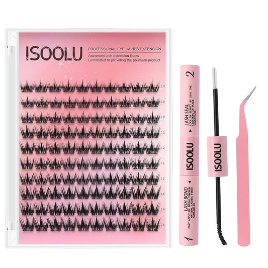 ISOOLU Fairy Lash Clusters Manga Individual Lashes C Curl Wispy Eyelash Clusters WideSpan Eyelash Extension Kit with Lash Bond and Seal Wet-Look Spiky Cluster Lashes (Cutey KIT 240)