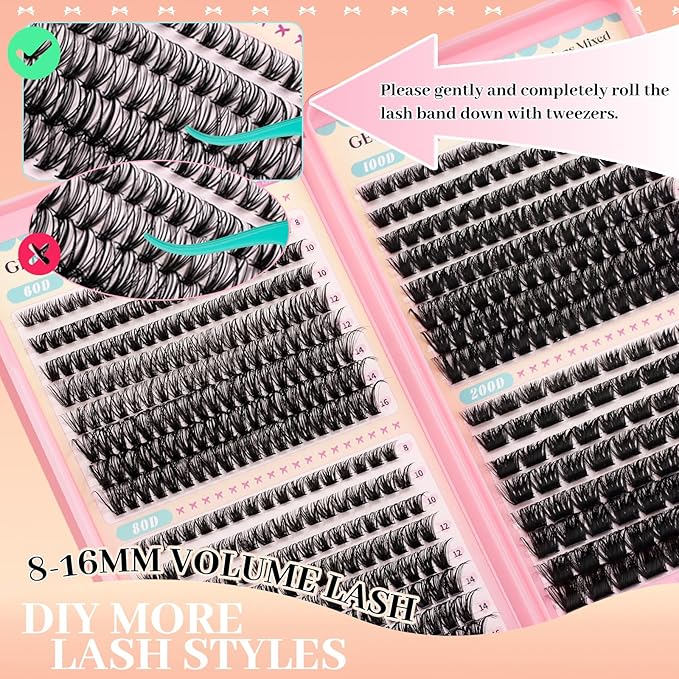 GEMERRY Lash Clusters 4 Style Clusters Eyelash Extensions False Eyelashes Wispy Natural Lashes Fluffy Individual Lashes for DIY at home (60D 80D 100D 200D, 8-16mm)