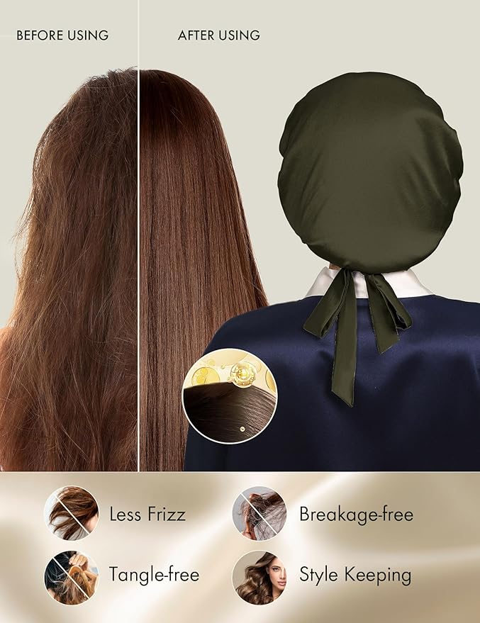 LilySilk 100% Mulberry Silk Bonnet Flat Front Silk Night Sleep Cap Adjustable Hair Wrap for Sleeping, Olive Green