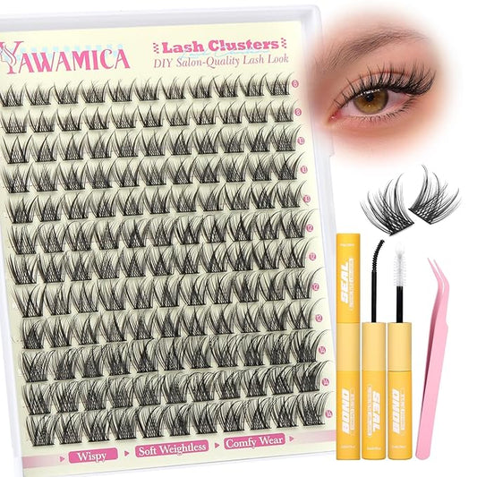 Yawamica Wispy Lash Clusters Kit DIY Lash Extension Kit 8-14mm Eyelash Clusters Natural Cluster Eyelash Extensions D Curly Individual Lashes 144 Clusters Lashes with Waterproof Bond and Seal Tweezers