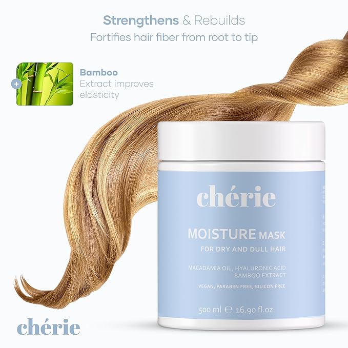 chérie Deep Conditioning Hair Mask for Curly and Straight Hair With Macadamia Oil, Hyaluronic Acid & Bamboo Extract, Hydrating for Dry Damaged, Helps Repair, Reducing Frizz & Breakage, Vegan 16.90 oz