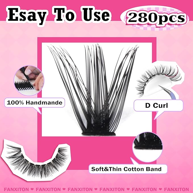 DIY Lash Extension Kit Cluster Lashes 280 pcs Lash Clusters with Lash Brush D Curl Volume Eyelashes Extensions 9-16 mm 40D+50D Individual Lashes Thin Band Eyelashes Cluster Kit for Beginners (No Glue)