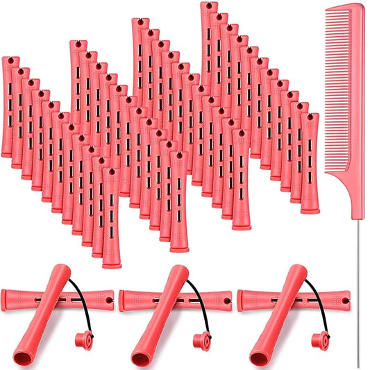 48 Pieces Hair Perm Rods Short Cold Wave Rods Plastic Perming Irons Hair Curling Rollers Curlers with Steel Pintail Comb Rat Tail Comb for Hairdressing Styling Supplies(0.51 Inch,Pink)