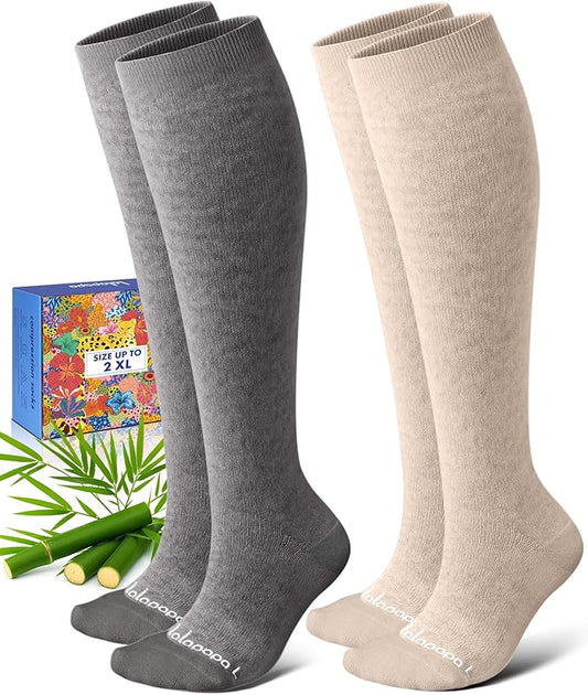 Lalapapa Bamboo Viscose Compression Socks for Women Men 2 Pairs 15-20mmHg Knee High Compression Socks Travel Nurse