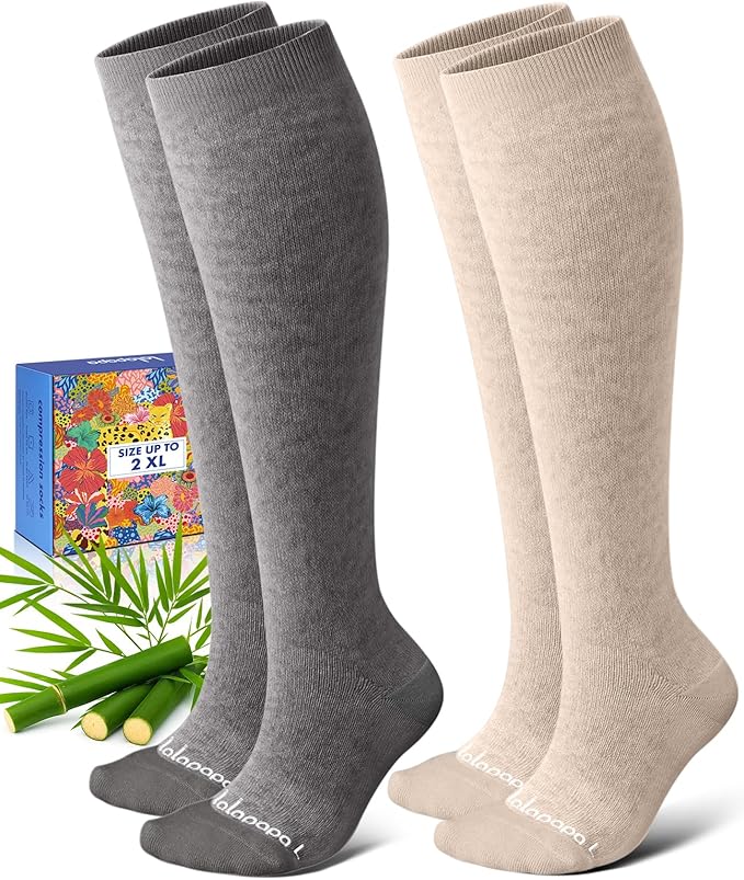 Lalapapa Bamboo Viscose Compression Socks for Women Men 2 Pairs 15-20mmHg Knee High Compression Socks Travel Nurse