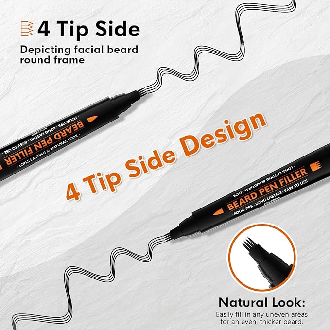 3-Pack Beard Pencil Filler for Men (Black), Four-fork Tip Beard Styling Pen, Waterproof Sweat Proof Long Lasting Beard Pencil,Effectively Enhances Facial Hair