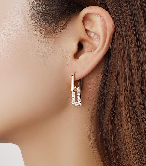 OZEL 14K Gold & Silver Plated Paperclip Chain Earrings with Cubic Zirconia – Dangle, Hoop, Huggie, Stud Styles – Women’s Fashion Jewelry Gift