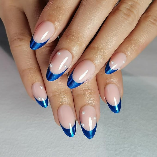 RPNZL Press On Nails - Ocean | Blue Chrome French Tip with Pearl Design, UV Finish Almond Nails, Salon Quality | 32 Nails, 16 Sizes Kit with Glue and Adhesive Tabs I Female Founded