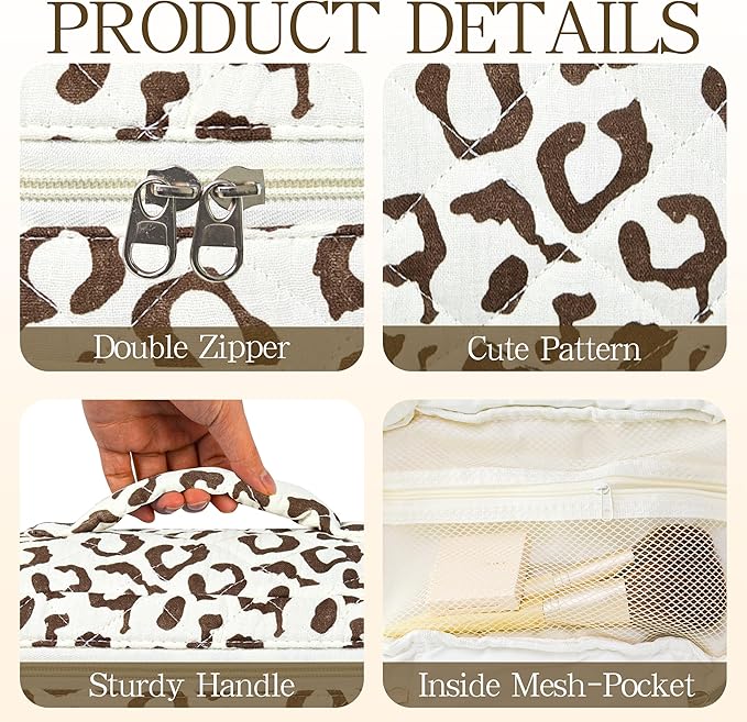 3Pcs Quilted Makeup Bag for Women, Large Travel Makeup Bag Set, Cute Aesthetic Cosmetic Bags, Floral Cotton Makeup Pouch Coquette Toiletry Organizer Bag