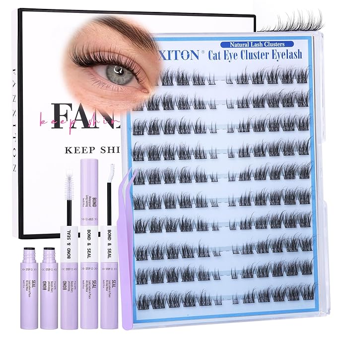 Natural Lash Clusters Kit Cat Eye Wispy DIY Lash Extension Kit Wispy Clusters Eyelash Extension Kit Thin Lash Band Individual Lashes Lash Bond and Seal and Tweezers for Lash Clusters Kit DIY at Home
