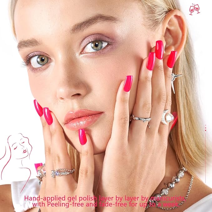 Gel Nail Polish Press on Nails Short, Handmade Hot Pink Fake Nails Medium Square Shape UV Jelly Finish Glue on Nails for Women Acrylic False Nail Kits Stick on nails Reusable Full Cover by GLAMERMAID,