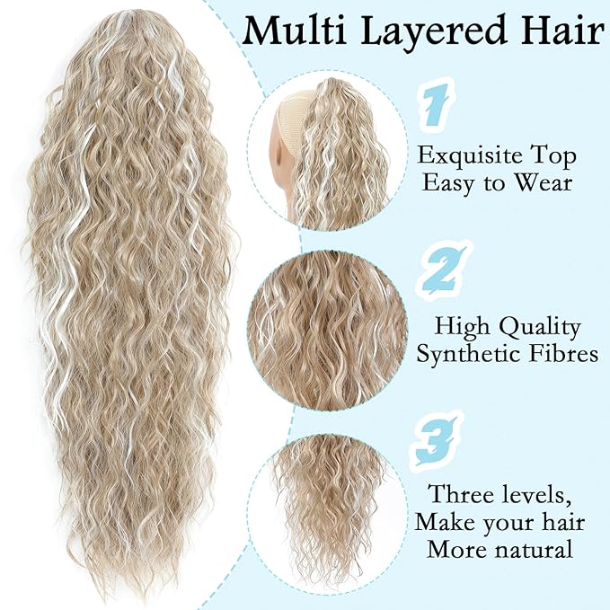 Ponytail Extension, Claw Clip on Pony tails Hair Extension for Women 28 Inch Long Wavy Curly Fake Ponytail Clip in Hair Pieces for Women Fluffy Natural Looking (Blonde with white Highlights)