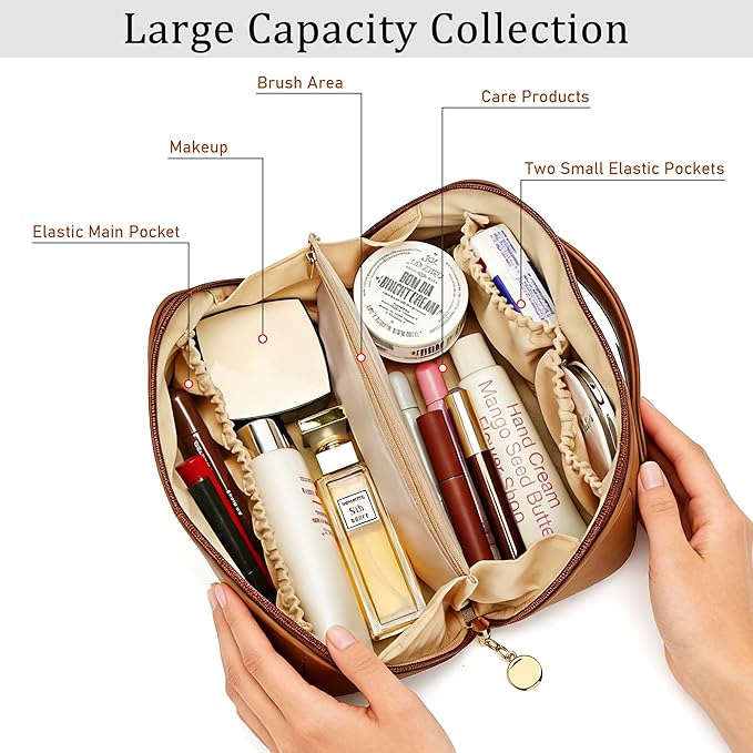Gifts for Women Bridesmaid Gifts Personalized Initial Makeup Bag PU Leather Cosmetic Waterproof Travel Toiletry Bag (Medium)