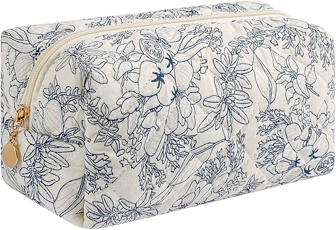 Cute Floral Makeup Bag Small Cotton Quilted Cosmetic Bag, Aesthetic Essential Bag Emergency Bag Gift for Women Girls Travel Accessories (Navy Flowers)