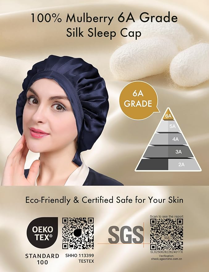 LILYSILK 100% Mulberry Silk Bonnet, Silk Night Sleep Cap Adjustable Hair Wrap for Sleeping, Deep Blue