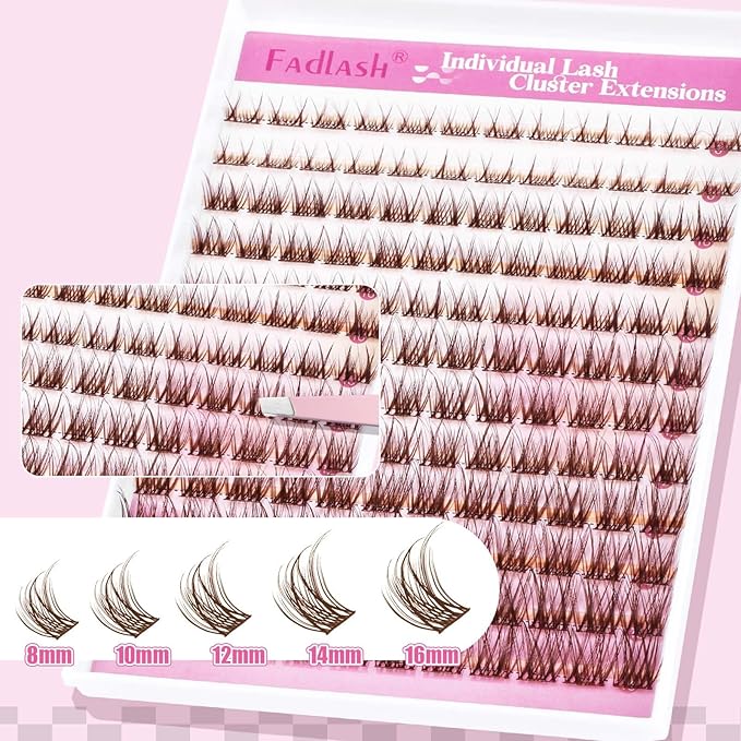 FADLASH Lash Extension Kit Fluffy Brown Lash Clusters 0.07 D Curl Wispy Eyelash Clusters with Lash Bond and Seal Lash Tweezer DIY Lash Clusters Kit for Beginners at Home(SNR028-0.07D, 8-16mm Kit)