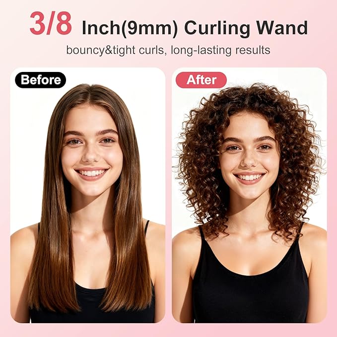 3/8 Inch Curling Iron Wand for Long Short Hair, Small Ceramic Barrel Hair Curler with Adjustable Temperature, 9mm Mini Curling Irons for Springy Spiral Tight Curls, Dual Voltage