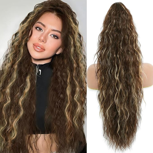 Ponytail Extension, Claw Clip on Pony tails Hair Extension for Women 28 Inch Long Wavy Curly Fake Ponytail Clip in Hair Pieces for Women Fluffy Natural Looking (Dark Chestnut with Blonde Highlights)