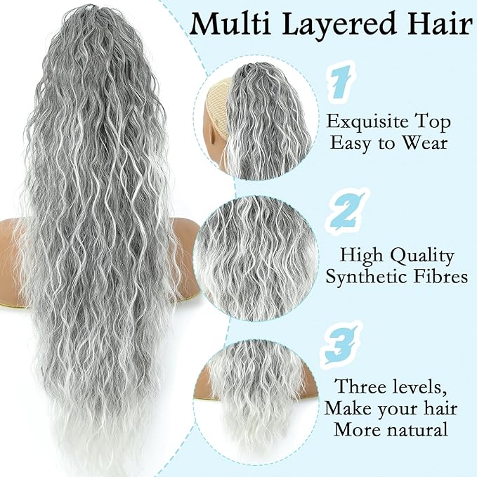Ponytail Extension, Claw Clip on Pony tails Hair Extension for Women 22 Inch Long Wavy Curly Fake Ponytail Clip in Hair Pieces for Women Fluffy Natural Looking (Omber Grey, 22 Inch)
