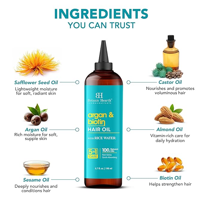 Botanic Hearth Hair Oil for Hair Growth & Hair Relaxer | Strengthening Dry, Frizzy, Damaged Hair & Scalp Treatment | Argan & Biotin Hair Oil – 6.7 Fl Oz