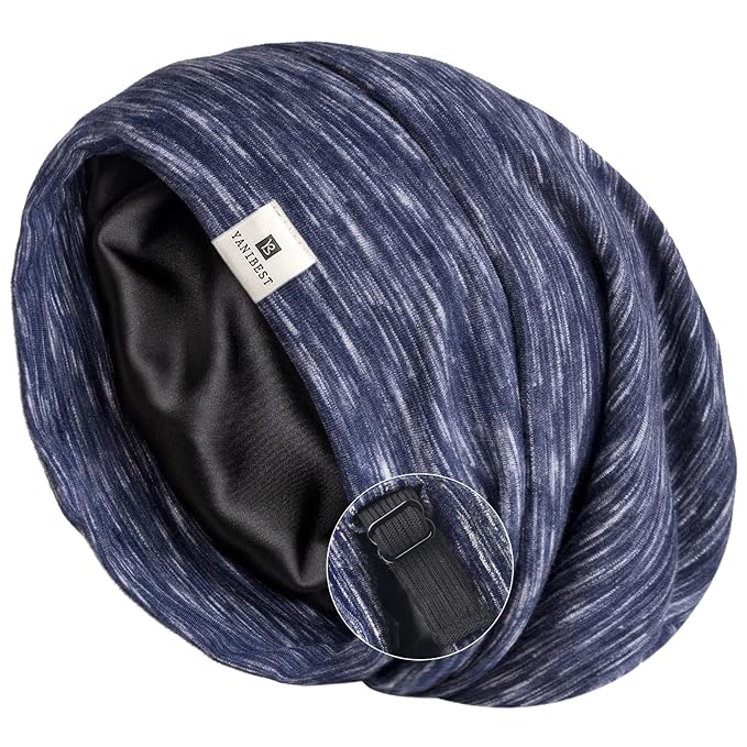 YANIBEST Silk Satin Bonnet Hair Wrap for Sleeping, Adjustable Slouchy Beanie for Women, Silk Lined for Curly Hair and Braids, Navy