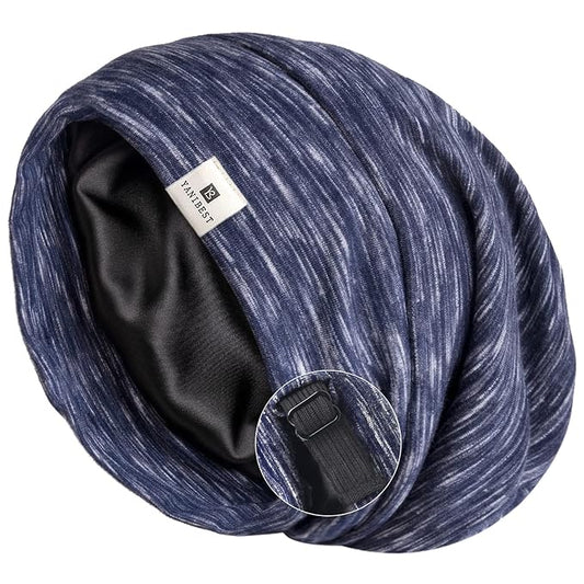 YANIBEST Silk Satin Bonnet Hair Wrap for Sleeping, Adjustable Slouchy Beanie for Women, Silk Lined for Curly Hair and Braids, Navy