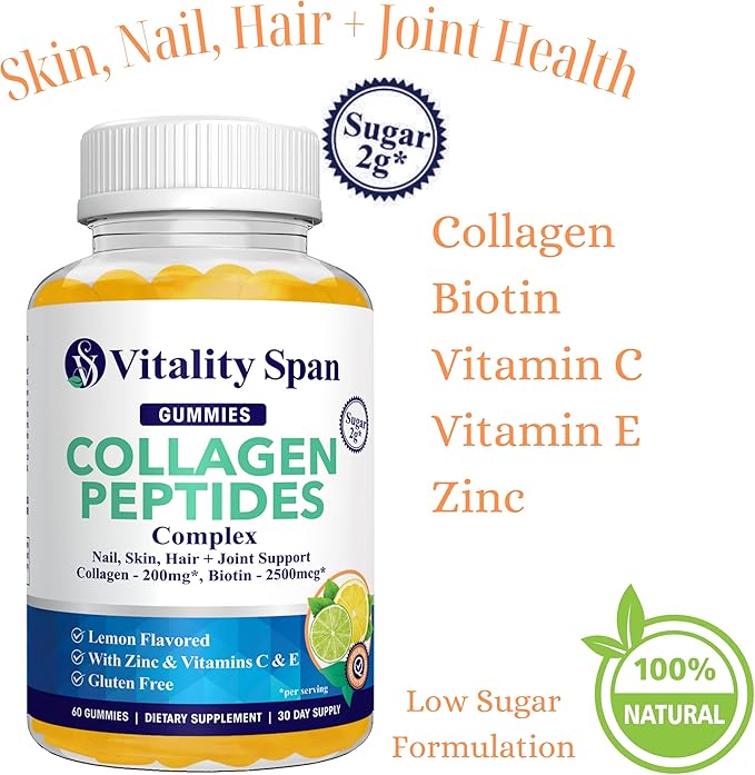 Vitality Span Collagen Gummies with Biotin 2500mcg + Vitamin C, E & Zinc – Hair Skin Nails Support – Low Sugar Delicious Lemon Flavor – No Stick – 60 Gummies – Made in USA