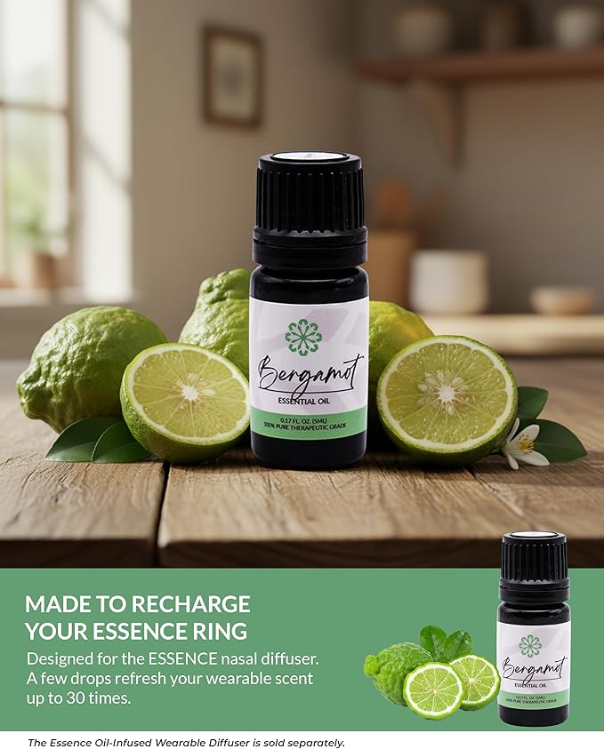 Essence Bergamot Essential Oil – Pure & Therapeutic Grade – Perfect for Aromatherapy, Diffusers & Recharging Essence Nasal Diffuser Rings – Natural Stress & Mood Support (5mL)