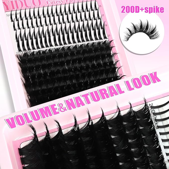YIDUO Lashes Clusters Kit 200D Volume EyeLash Clusters with Spikes 12-20MM D Curl Manga Wispy Lashes Extensions Kit 230pcs Thick Individual DIY Lashes Clusters with Bond and Seal Tweezers Removers