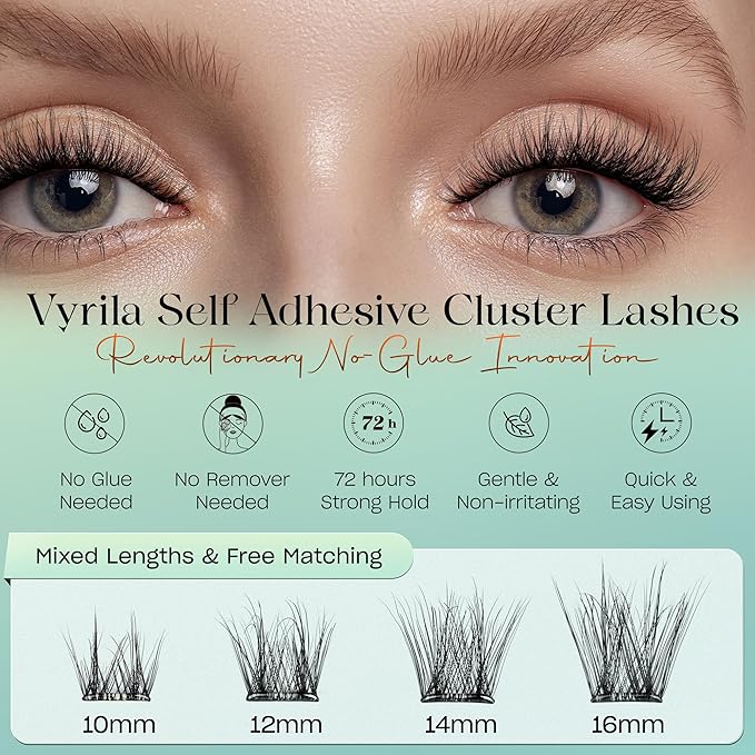 VYRILA Self-Adhesive Lash Cluster, Pre-Glued Clusters with Tweezers, Pop-On Faux Eyelashes, 3D Thin Band D Curl Natural Look Lahses, Easy to Apply, Reusable 0.05mm Eyelash Extensions (Joy-10-16-Kit)