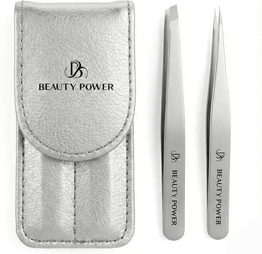 Beauty Power Professional Tweezers Set – Slant & Point, Ultra Precision German Stainless Steel Tweezers for Eyebrows, Chin, Ingrown Hair & Facial Grooming – Lightweight with Travel Case (Matte Grey)