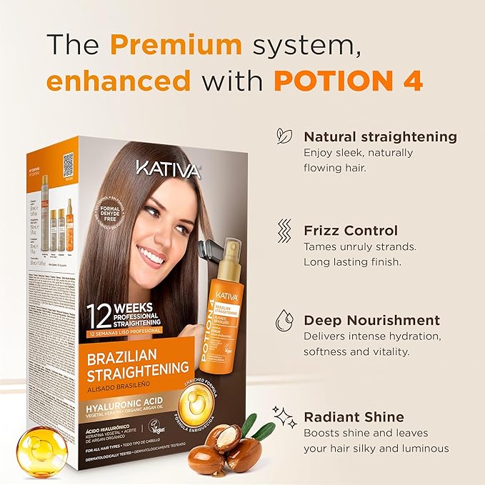 KATIVA Brazilian Keratin Straightening Kit, Shampoo Mask Conditioner + Potion 4 Heat Protectant Serum, Formaldehyde-Free Smoothing, Frizz Control, Hyaluronic Acid, Argan Oil, Vegan, Up to 12 Weeks