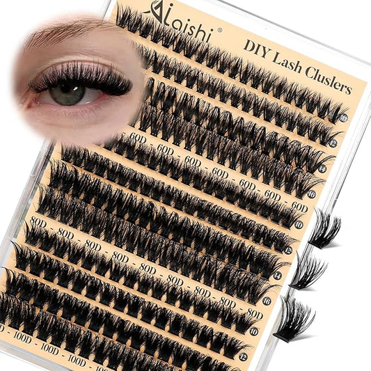 AILAISHI Lash Clusters Kit, DIY Cluster Eyelash Extensions 9‑16mm, 60D+80D+100D, 224pcs Fluffy D Curl Natural Lashes–Fake Cat Eye Individual Clusters