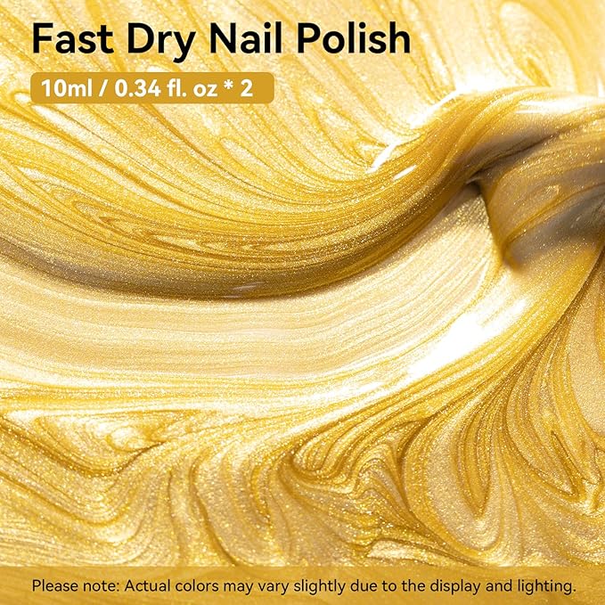 Nailshion Metallic Gold Nail Polish with Base Top Coat 3 IN 1 Nail Strengthener, Quick Dry Clear & Liquid Golden Nail Polish Duo, Opaque, Non-Gel, Professional Nails Art Kit Home Manicure DIY Gift