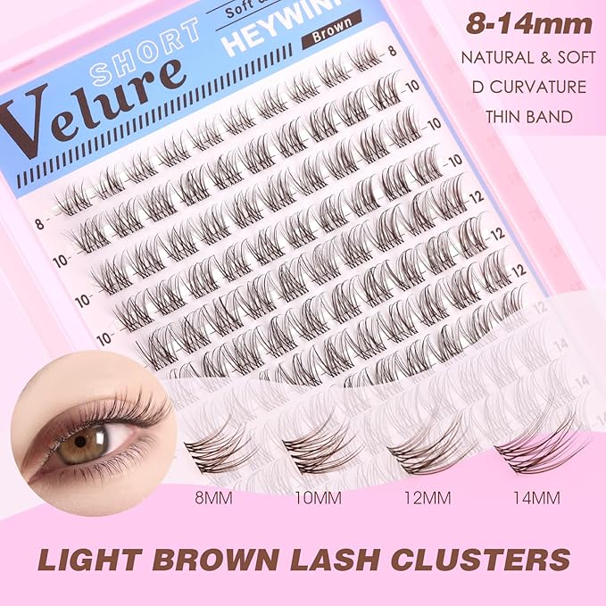 HEYWINK Brown Lash Clusters Kit Velure Lash Extensions Kit Natural Eyelash Clusters Short Lash Cluster 8-14mm Lash Clusters Natural with Invisible Band Individual Lash(Velure-Light Brown)